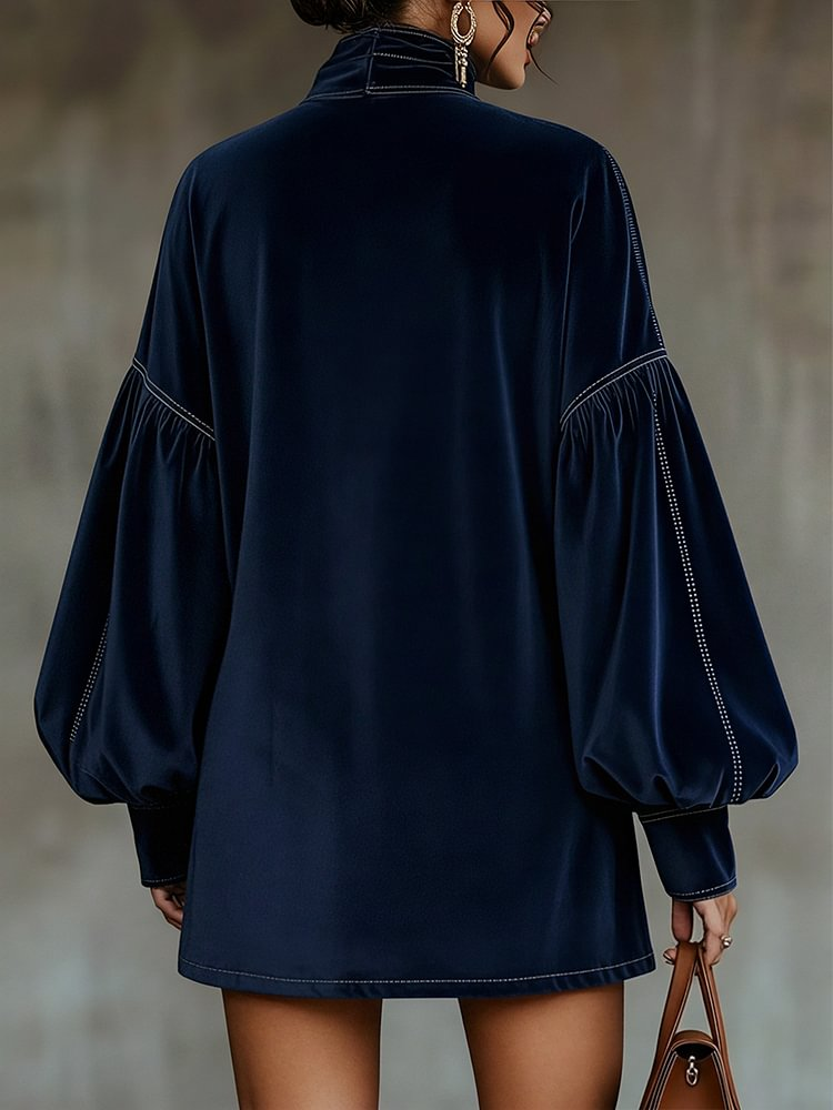 Gemma Dark Blue Velvet Bow Lantern Sleeve Mini Dress – Sienna Noosa