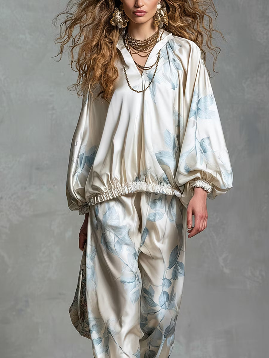 Elegante Elegant Bohemian Style Blue Floral Print Satin Set – Sienna Noosa