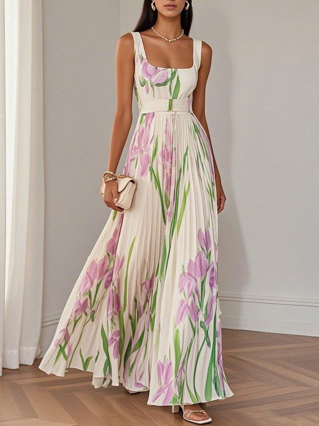 White Pleated Chiffon Square Neck Sleeveless A-line Line Maxi Dress – Sienna Noosa