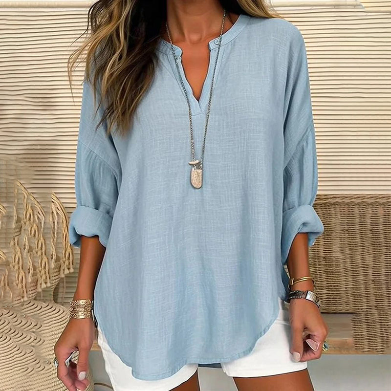 Solid Color V-Neck Long Sleeved Loose Casual Blouse – Sienna Noosa