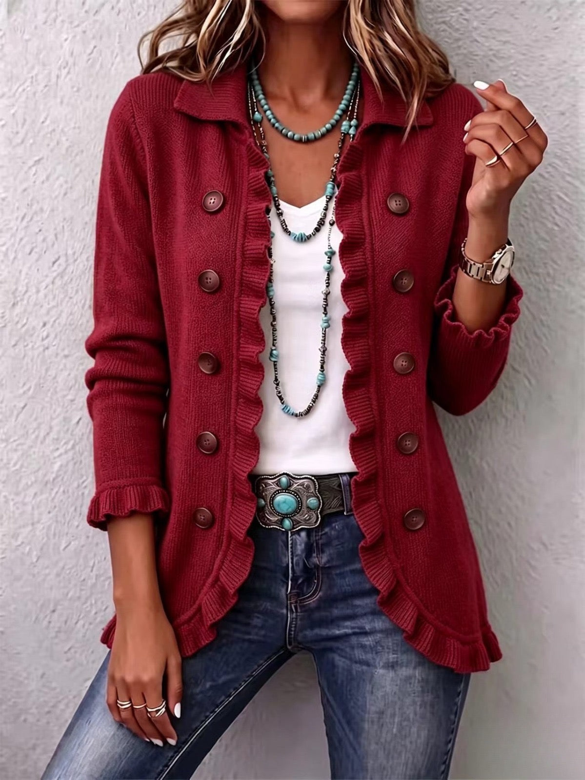 Rosalía Rosalia Jacket Knit Red Rubi With Ruffles – Sienna Noosa