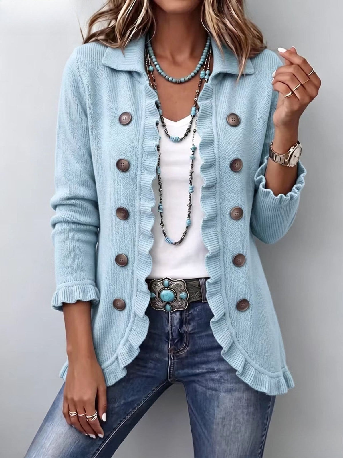 Cecilia Jacket Knit Blue Empolvado With Ruffles – Sienna Noosa