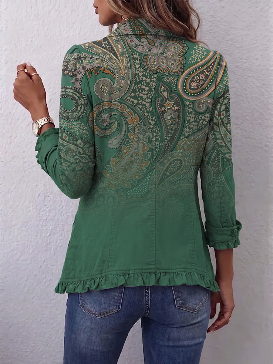 Jacinta Jacket Paisley Green With Ruffles – Sienna Noosa