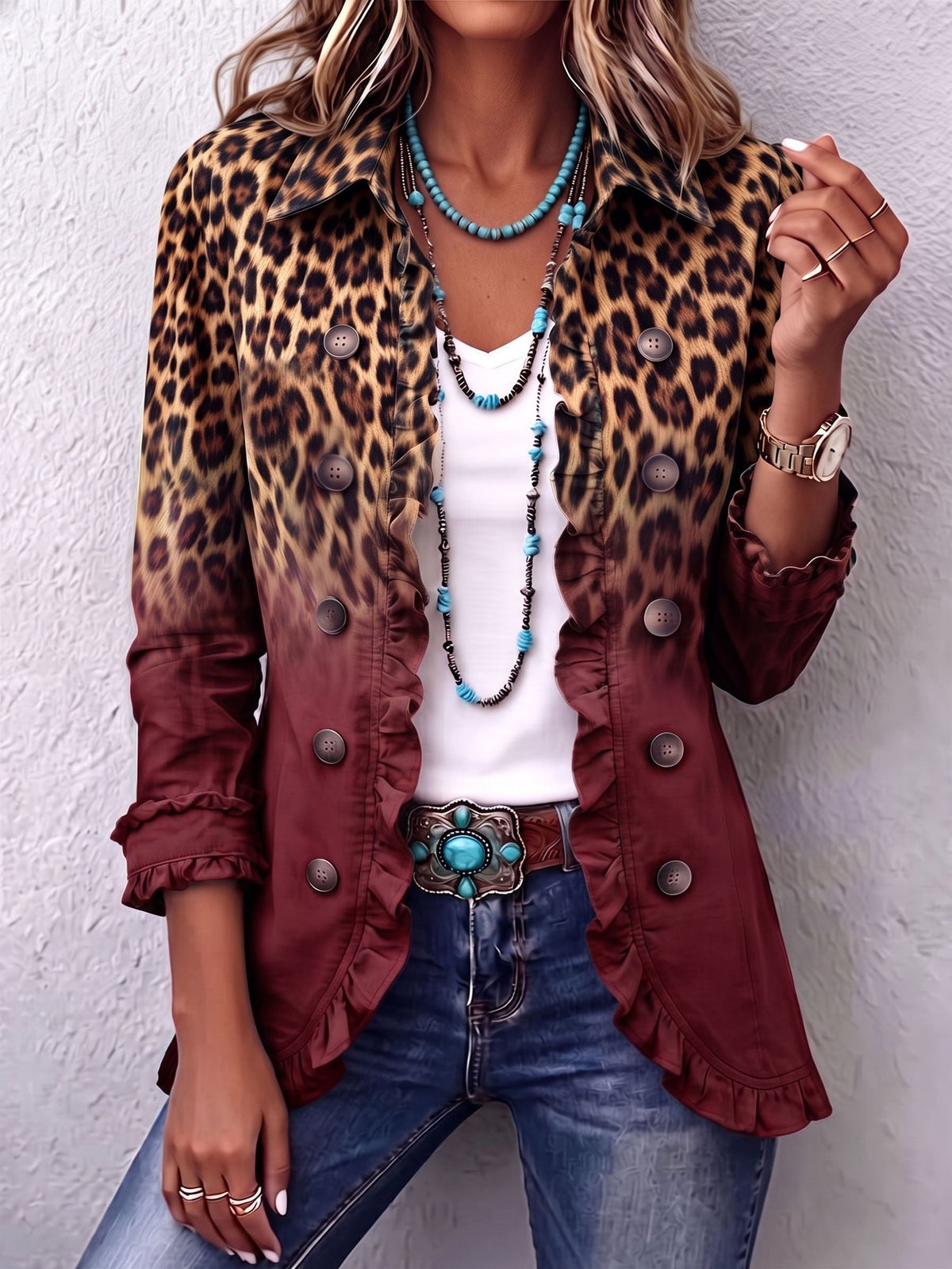 Tomasa Jacket Blazer Leopard Vino With Ruffles – Sienna Noosa