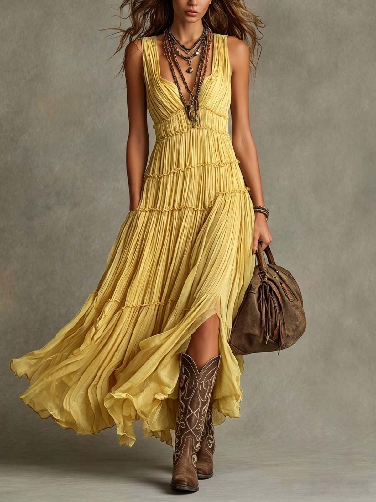Sage Green Pleated Chiffon V Neck Flowing Maxi Dress – Sienna Noosa