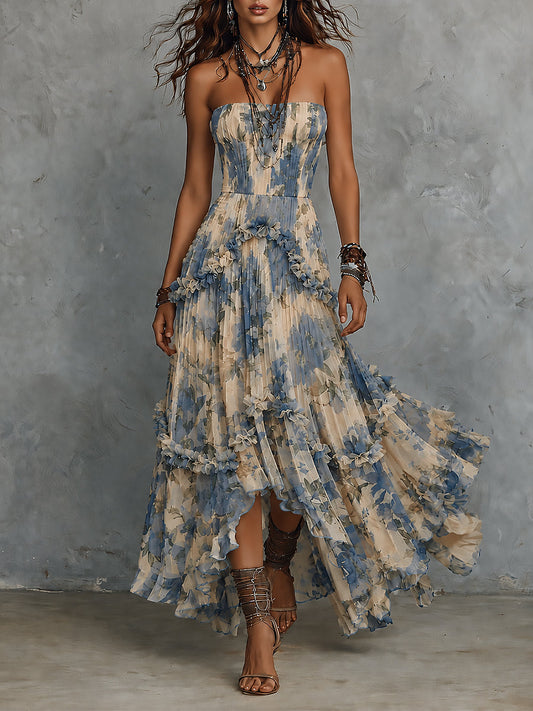Elegante Elegant Strapless Printed Chiffon Maxi Dress with Ruffles – Sienna Noosa