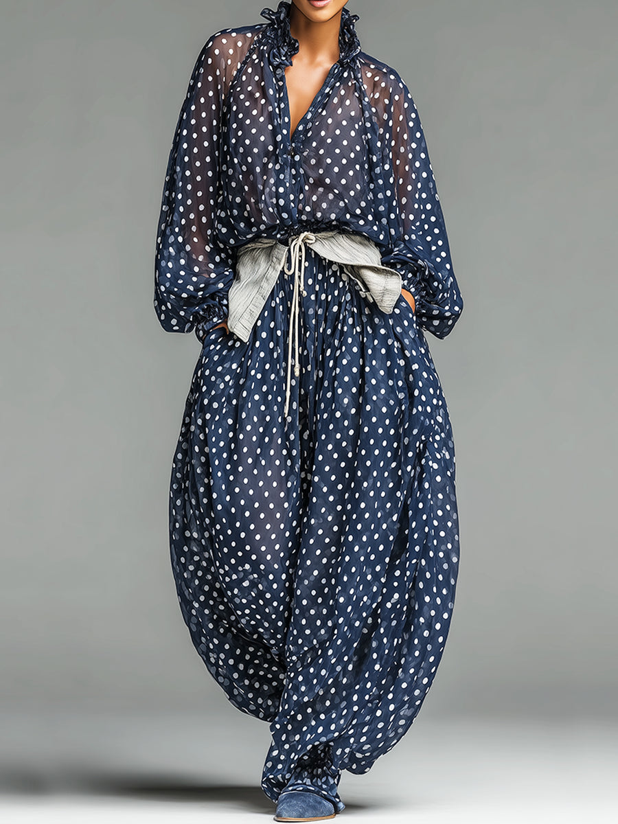 Ruth Casual Polka Dot Chiffon Loose Fit Long Sleeve Top and Pants Setbelt Included – Sienna Noosa
