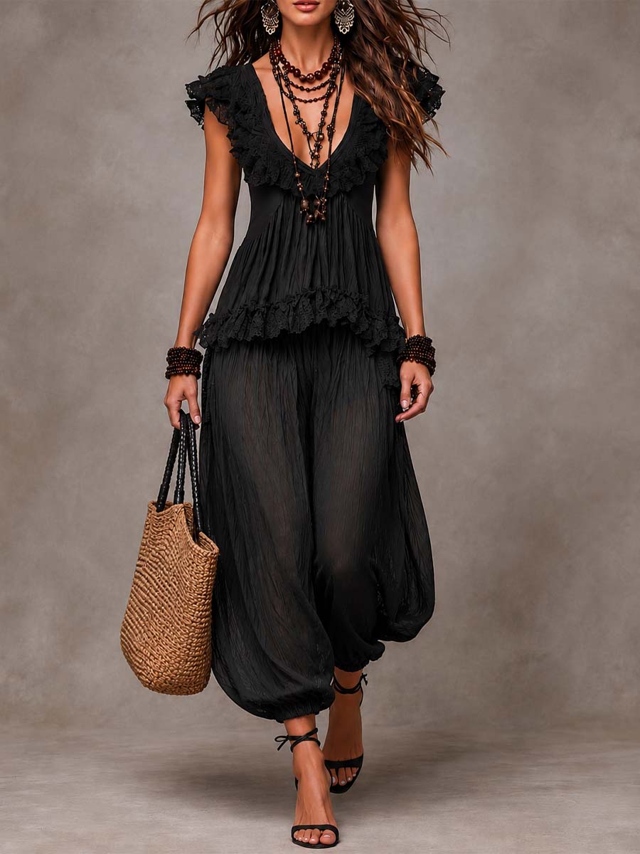 Carla Black Bohemian V Neck Lace Top and Harem Pants Set – Sienna Noosa
