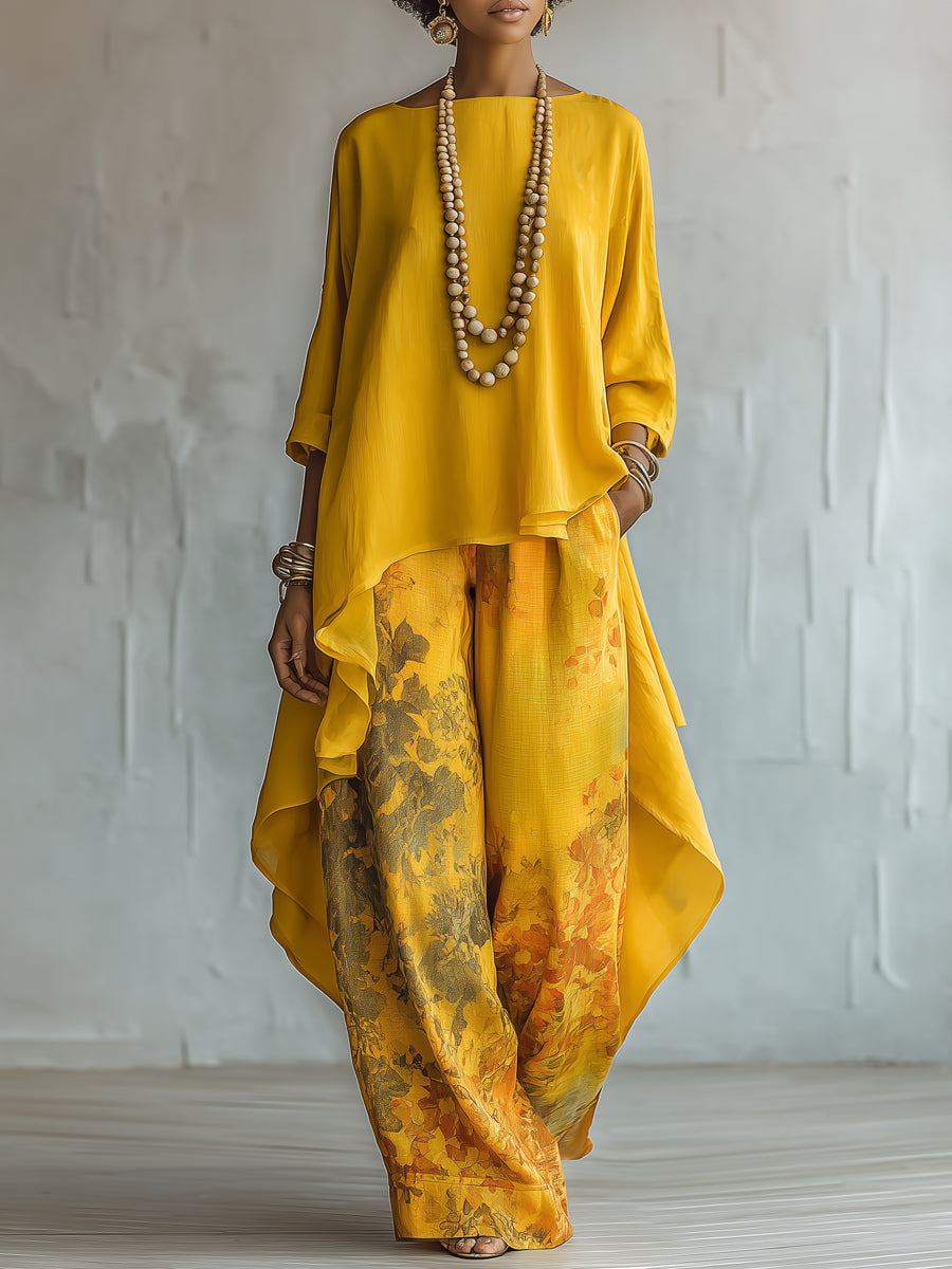 Yellow Asymmetrical Top and Floral Wide Leg Pants Set – Sienna Noosa