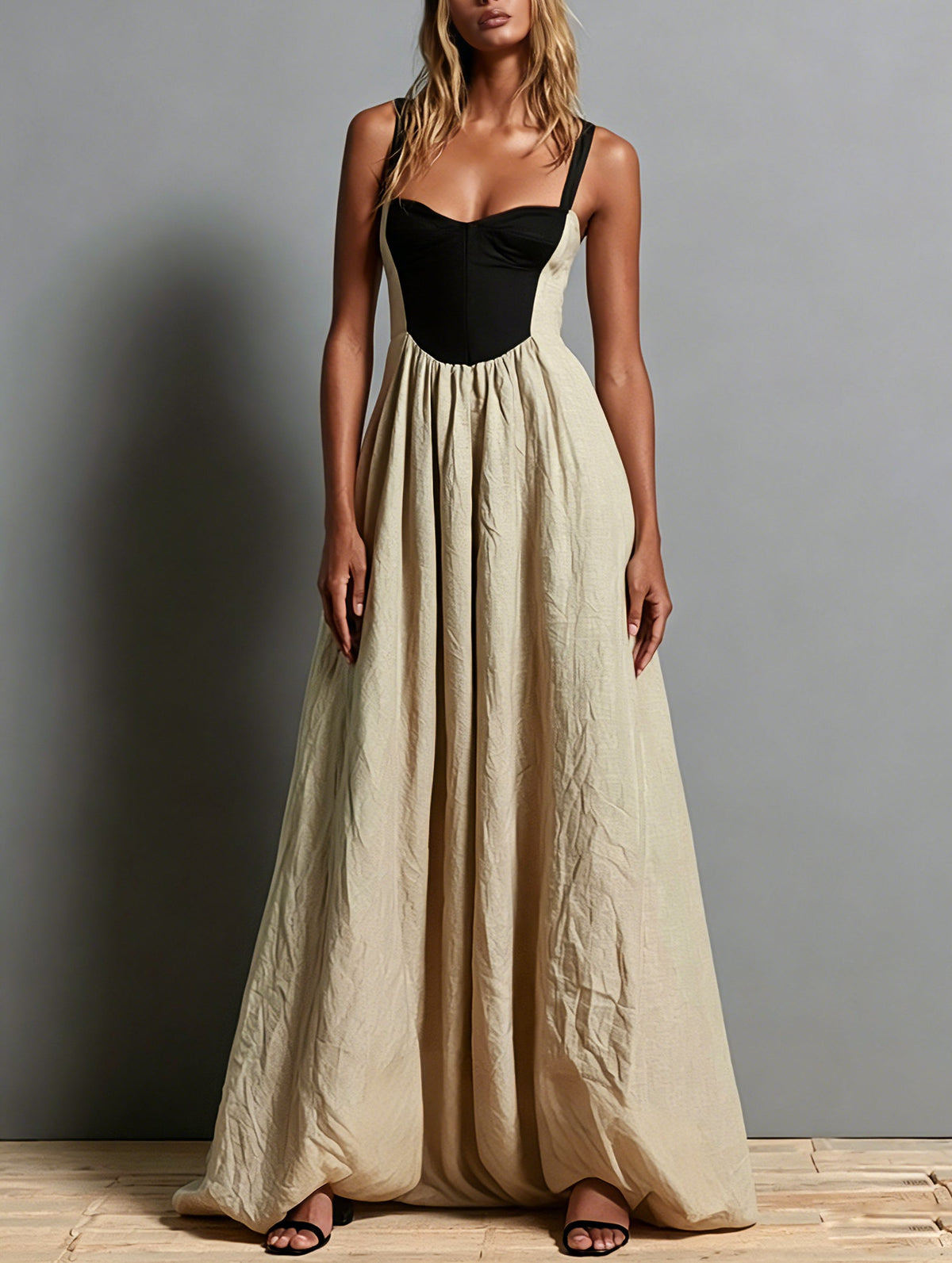 Khaki Sleeveless Maxi Dress with Square Neck and Colour Block Paneling – Sienna Noosa