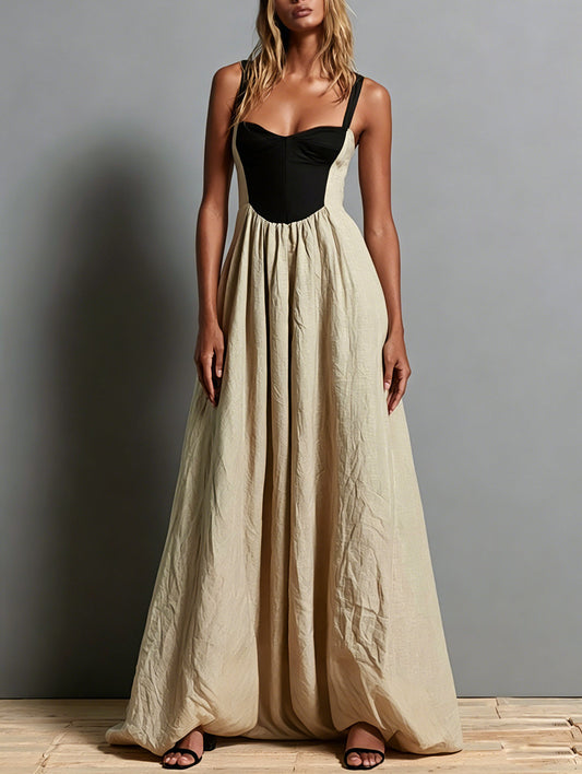 Khaki Sleeveless Maxi Dress with Square Neck and Colour Block Paneling – Sienna Noosa
