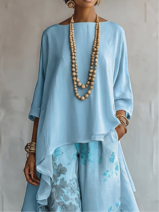 Blue Asymmetrical Top and Floral Wide Leg Pants Set – Sienna Noosa