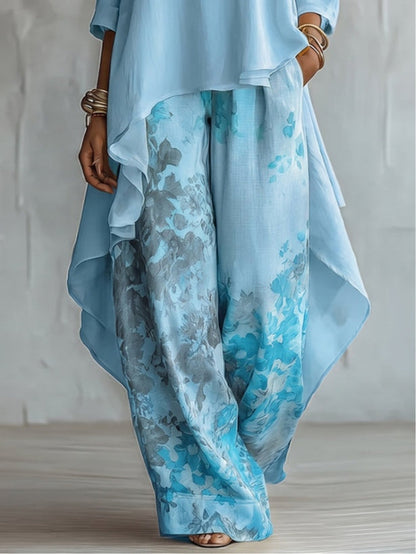 Blue Asymmetrical Top and Floral Wide Leg Pants Set – Sienna Noosa