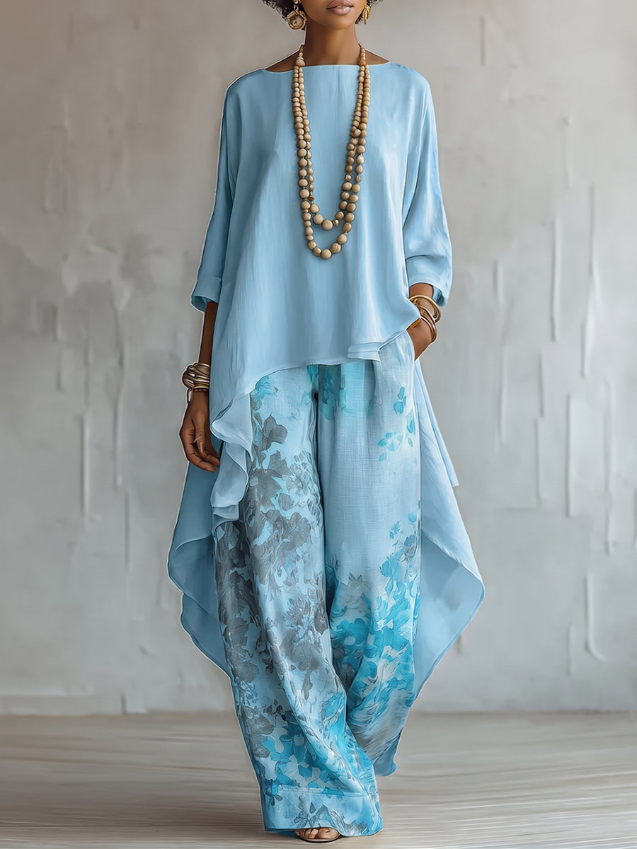 Blue Asymmetrical Top and Floral Wide Leg Pants Set – Sienna Noosa