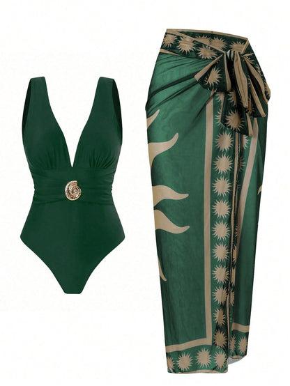 French Vintage Print Deep-V Sexy Swimsuit Set – Sienna Noosa
