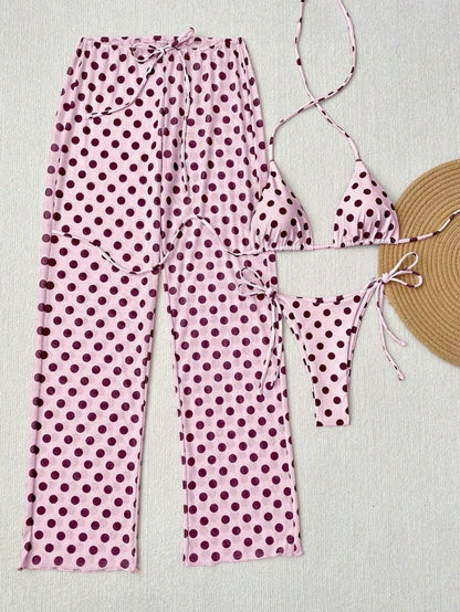 Light Blue Polka Dots Triangle Bikini Set With Beach Pants – Sienna Noosa