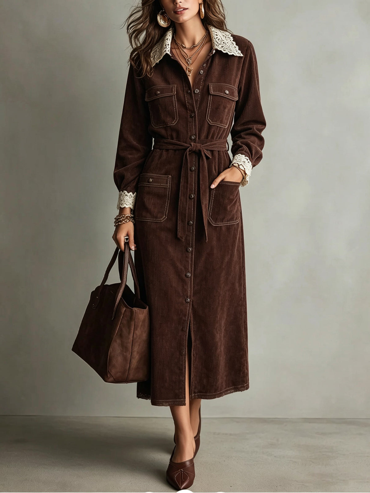 Brown Corduroy Lace Collar Shirt Dress – Sienna Noosa