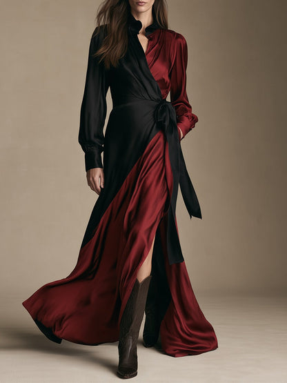 Red and black color-block satin wrap maxi dress – Sienna Noosa