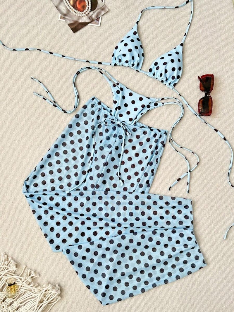 Light Blue Polka Dots Triangle Bikini Set With Beach Pants – Sienna Noosa