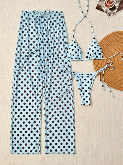 Light Blue Polka Dots Triangle Bikini Set With Beach Pants – Sienna Noosa