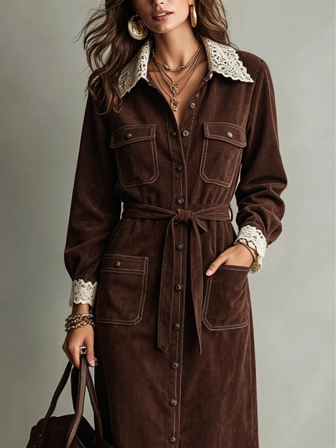 Brown Corduroy Lace Collar Shirt Dress – Sienna Noosa