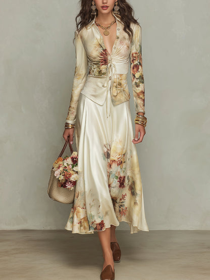 Elegant Ivory Satin Shirt and Skirt Set with Floral Print – Sienna Noosa