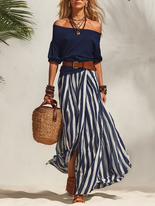 Womens Off Shoulder Puff Sleeve Top and Striped Skirt Set – Sienna Noosa
