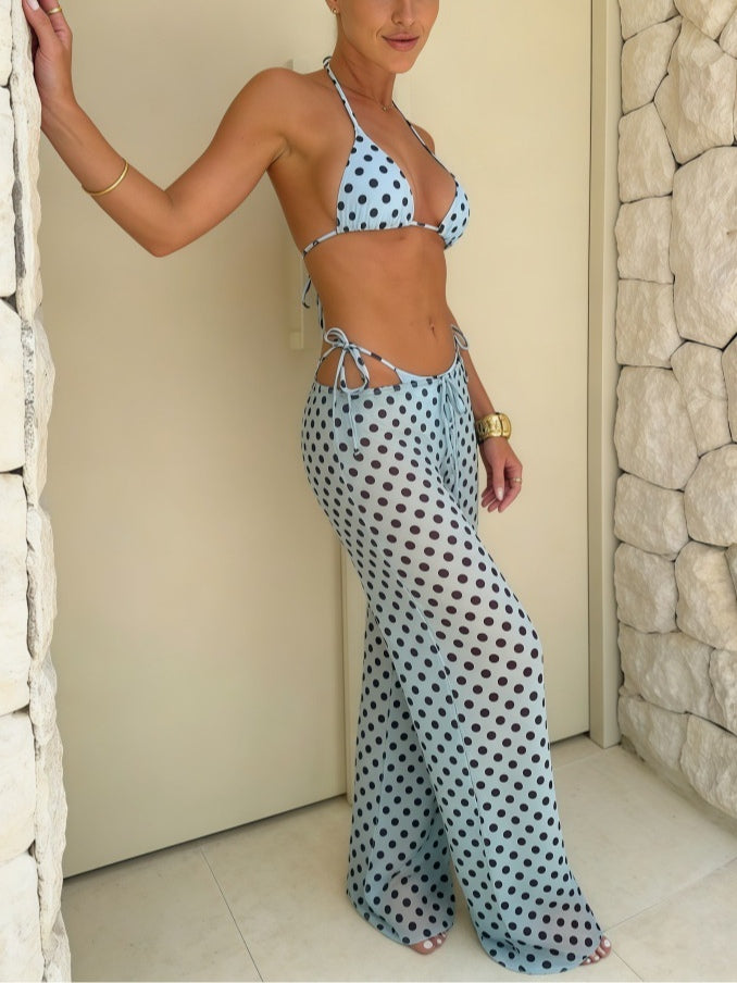 Light Blue Polka Dots Triangle Bikini Set With Beach Pants – Sienna Noosa