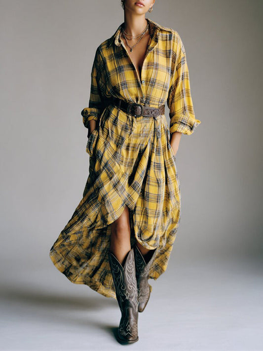 Casual Loose Retro Plaid Shirt Dress with Belt – Sienna Noosa
