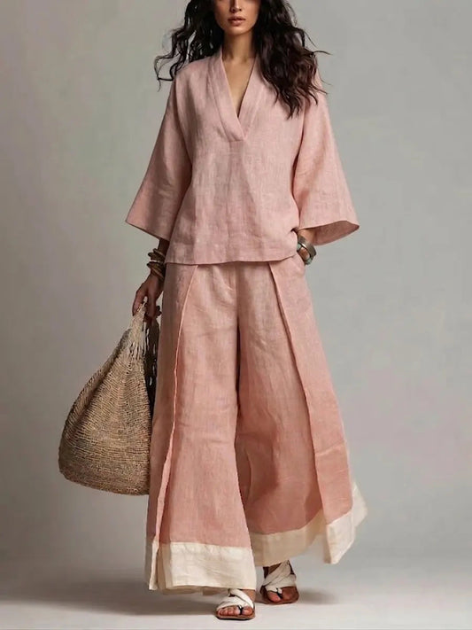 Pink V Neck Shirt and Colour Blocked Wide Leg Pants Suit – Sienna Noosa