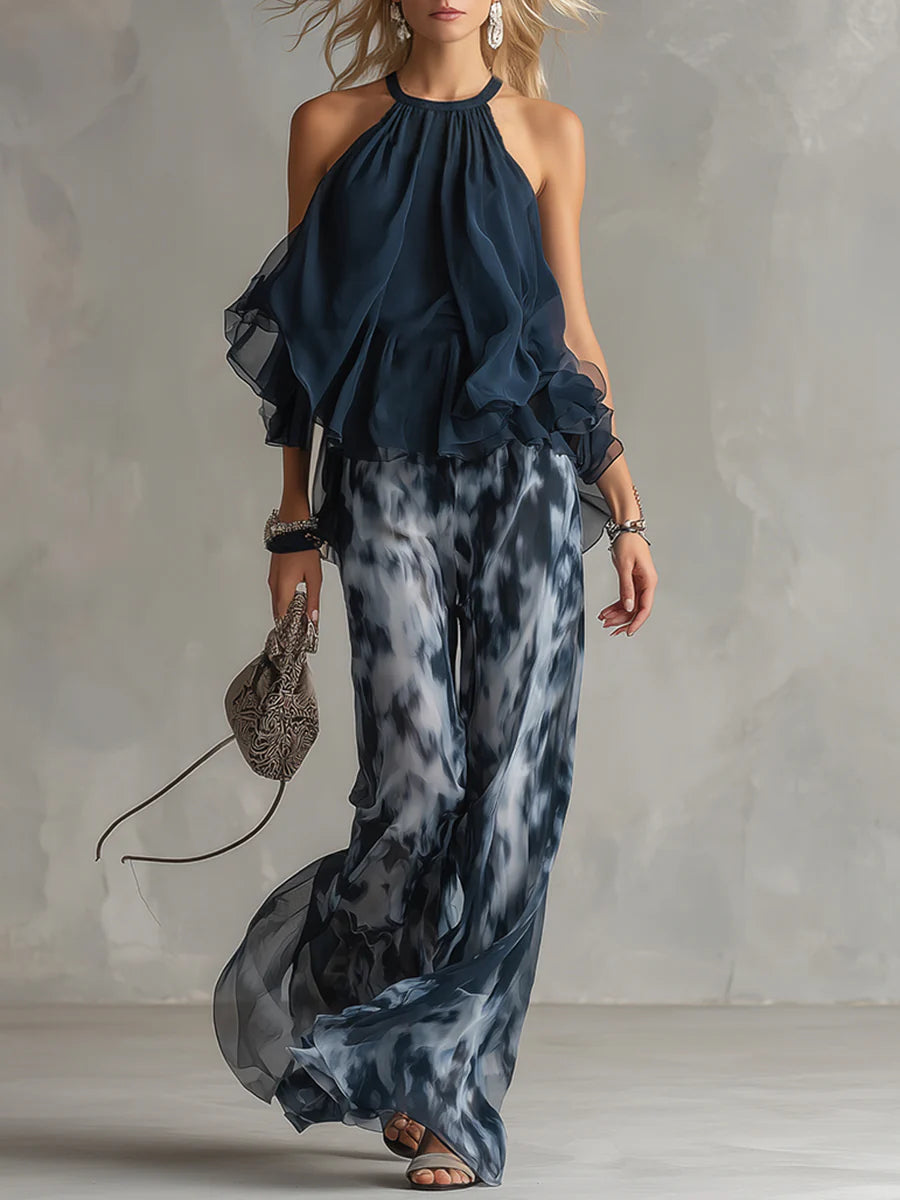 Navy Halter Neck Top and Printed Wide Leg Pants Chiffon Set – Sienna Noosa