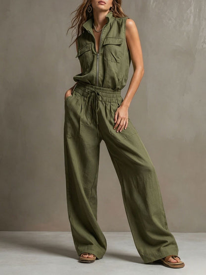 Women's Premium Sleeveless Mock-Neck Half-Zip Utility Wide-Leg Set – Sienna Noosa