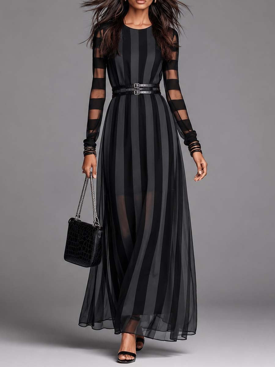Gothic Striped Mesh Long Sleeve Maxi Dressbelt Included – Sienna Noosa