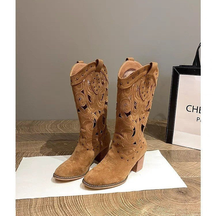 Suede Chunky Heel Embroidered Openwork Western Boots – Sienna Noosa