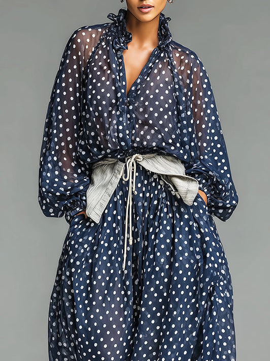 Ruth Casual Polka Dot Chiffon Loose Fit Long Sleeve Top and Pants Setbelt Included – Sienna Noosa