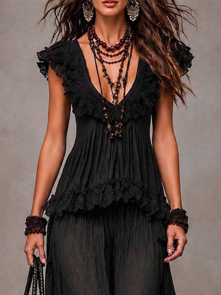 Carla Black Bohemian V Neck Lace Top and Harem Pants Set – Sienna Noosa