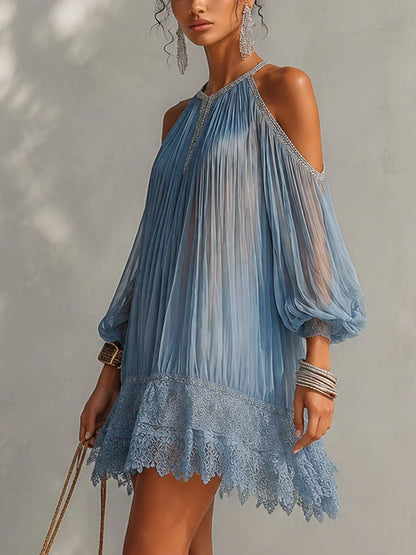 Isolda Sigrid Bla Miniklanning Med Off Shoulder Rynkad Midja Och Spetskant – Sienna Noosa