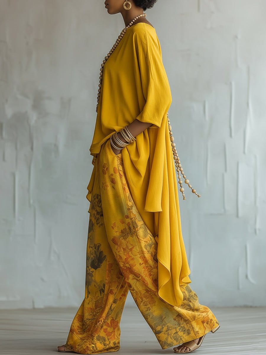 Yellow Asymmetrical Top and Floral Wide Leg Pants Set – Sienna Noosa