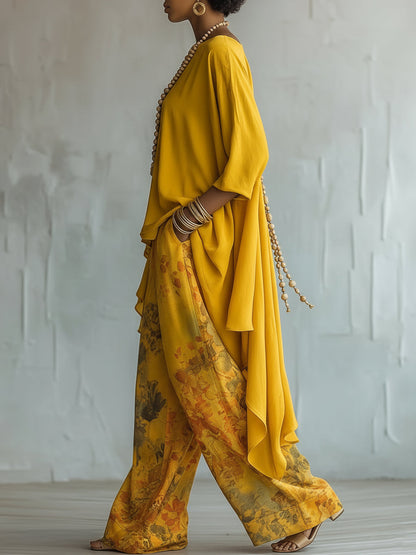 Yellow Asymmetrical Top and Floral Wide Leg Pants Set – Sienna Noosa