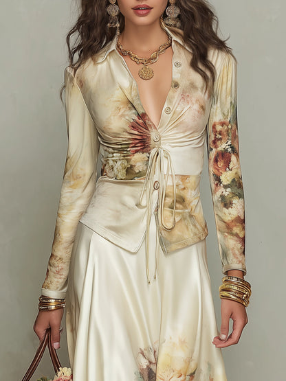 Elegant Ivory Satin Shirt and Skirt Set with Floral Print – Sienna Noosa