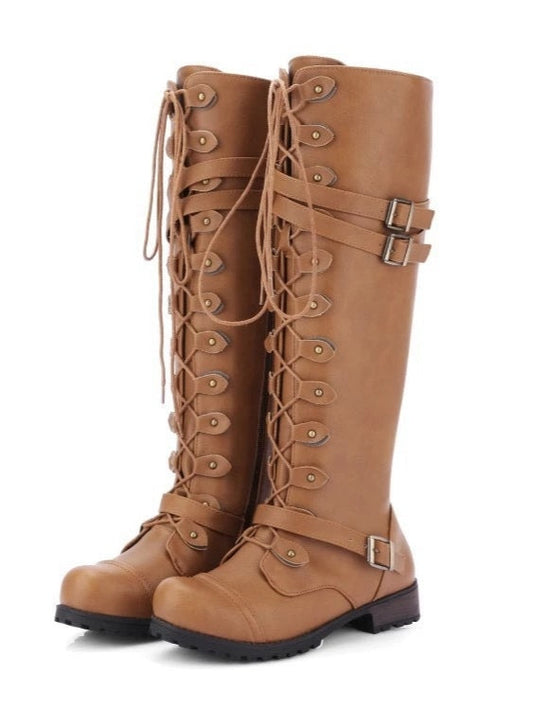 Round toe belt buckle rivet lace-up high-top riding boots – Sienna Noosa