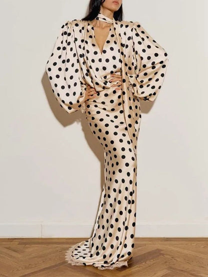 Elegant Polka Dot V Neck Puff Sleeve Waist Defining Dress – Sienna Noosa