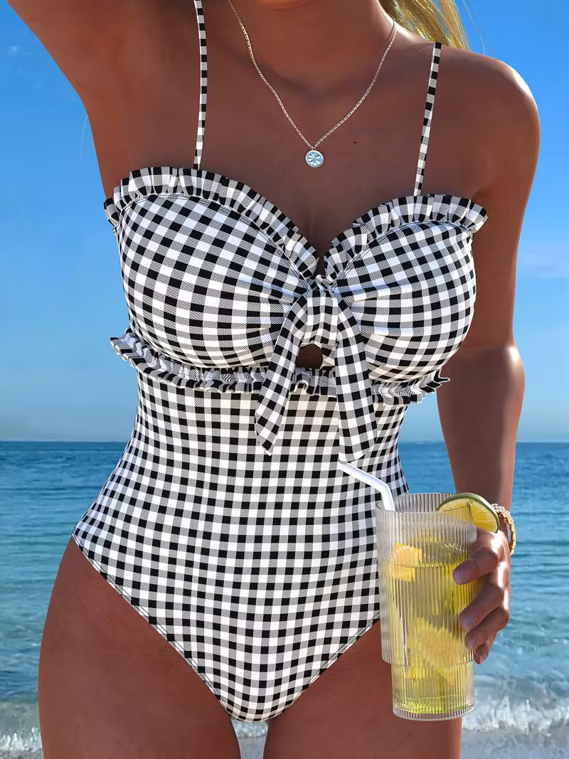 Slimming Strapless Striped and Checkered One-Piece Swimsuit – Sienna Noosa