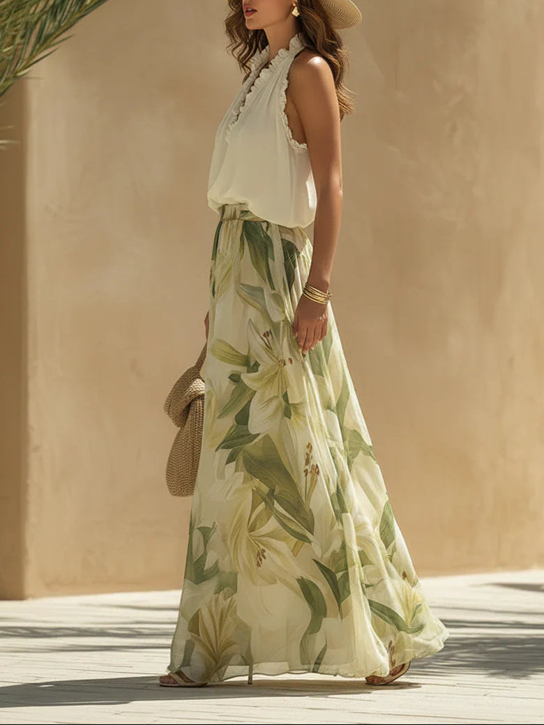 Vacation Chiffon Ruffled Sleeveless Top and Lily Print Pants Set – Sienna Noosa