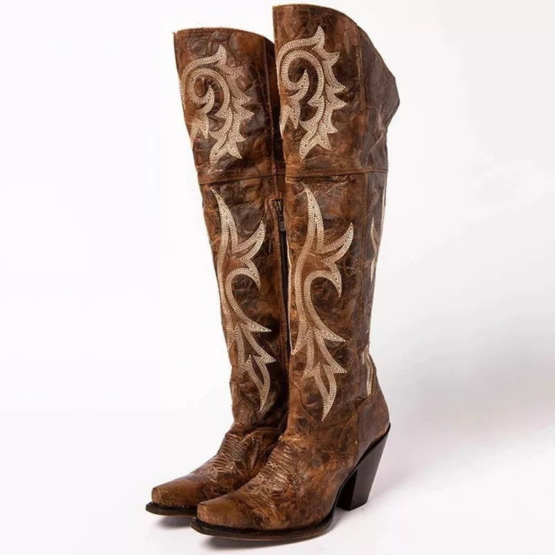 Retro pattern high-heeled thick-heeled high boots – Sienna Noosa