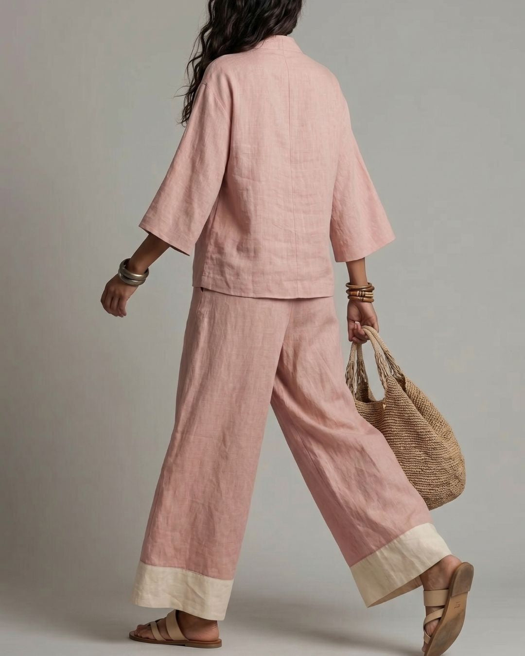 Pink V Neck Shirt and Colour Blocked Wide Leg Pants Suit – Sienna Noosa