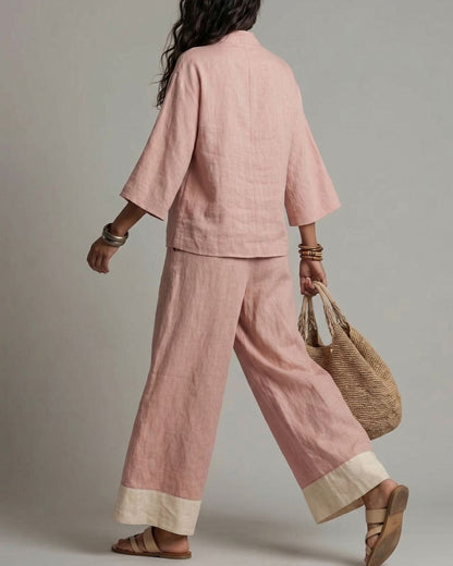 Pink V Neck Shirt and Colour Blocked Wide Leg Pants Suit – Sienna Noosa