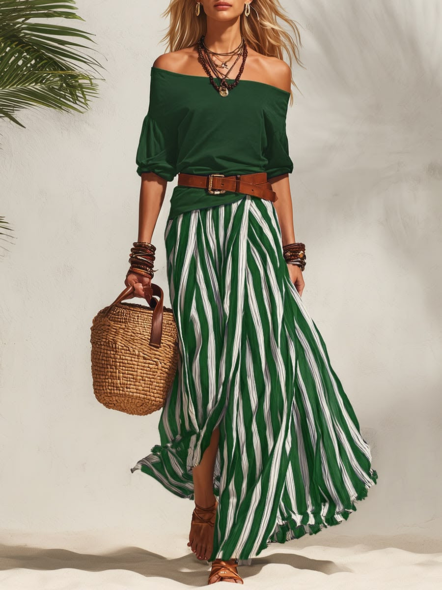 Womens Off Shoulder Puff Sleeve Top and Striped Skirt Set – Sienna Noosa