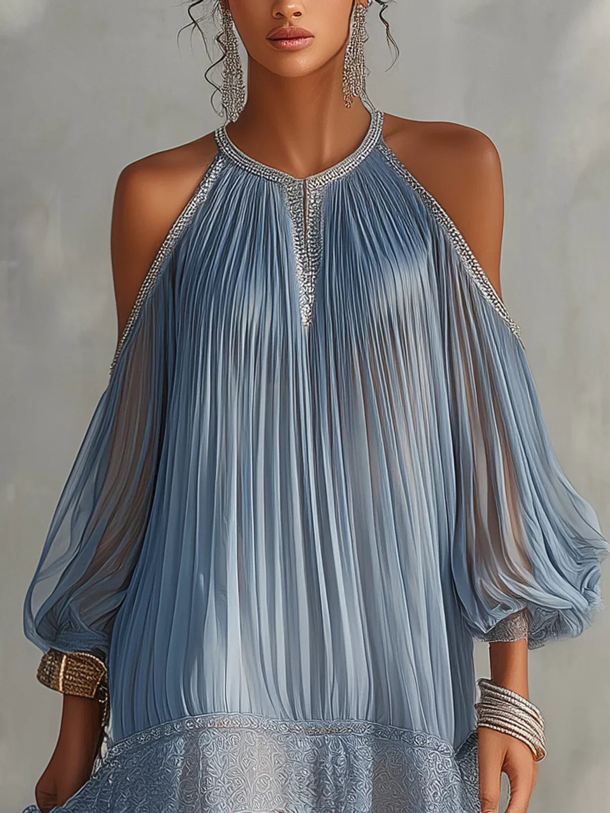 Isolda Sigrid Bla Miniklanning Med Off Shoulder Rynkad Midja Och Spetskant – Sienna Noosa