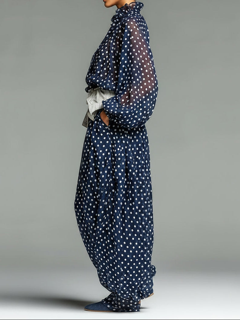 Ruth Casual Polka Dot Chiffon Loose Fit Long Sleeve Top and Pants Setbelt Included – Sienna Noosa